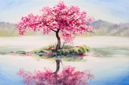oil painting landscape, oriental cherry tree, sakura on the lake