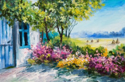 oil painting landscape - garden near the house, colorful flowers, summer forest