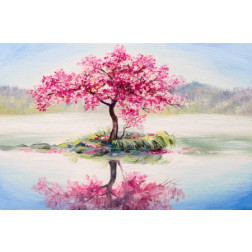 oil painting landscape, oriental cherry tree, sakura on the lake