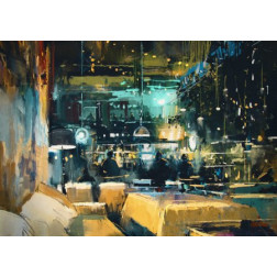 colorful interior of bar and restaurant at night